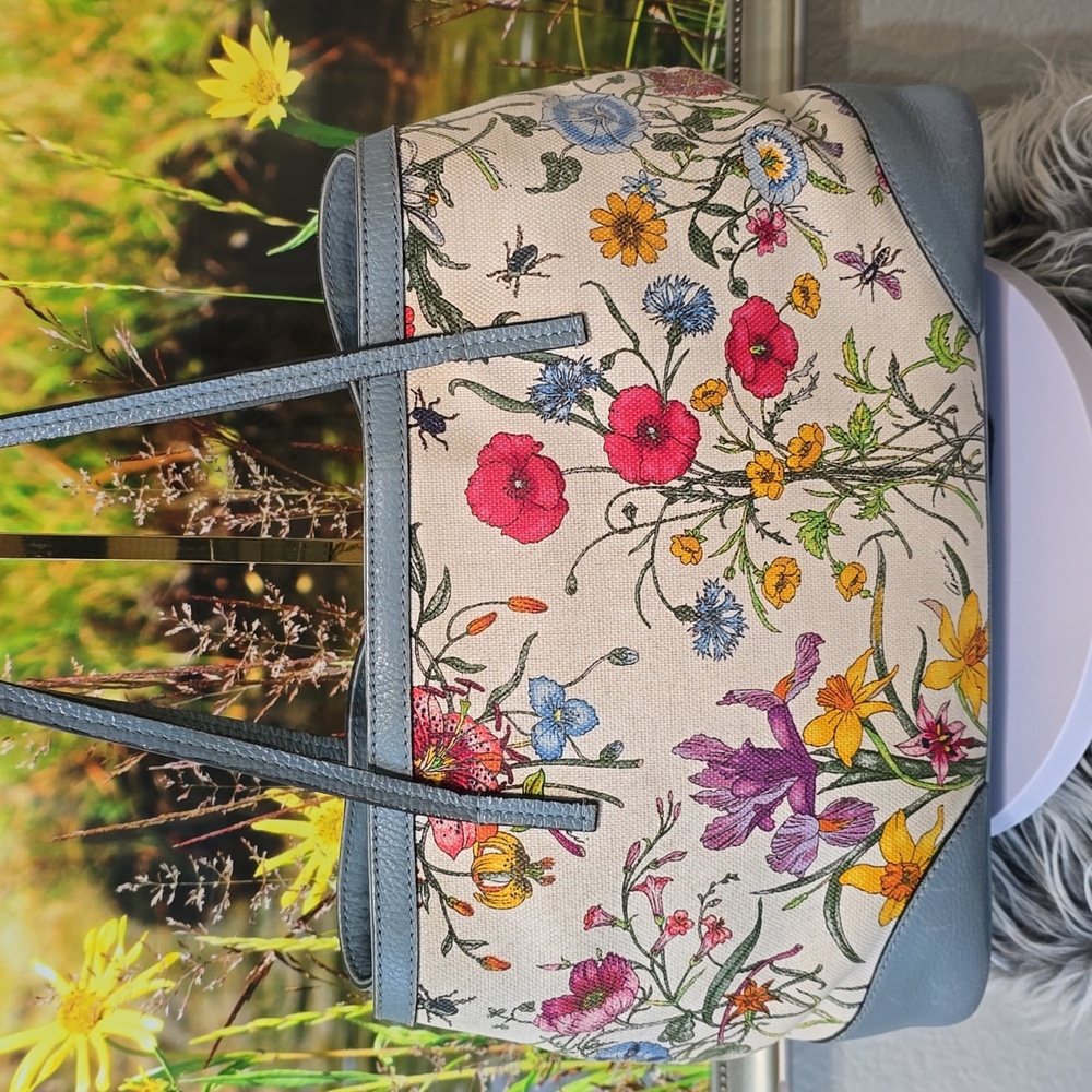 Gucci Floral Canvas Tote Blue Leather Trim Botanical Print Shoulder Bag W/COA - Picture 3 of 15
